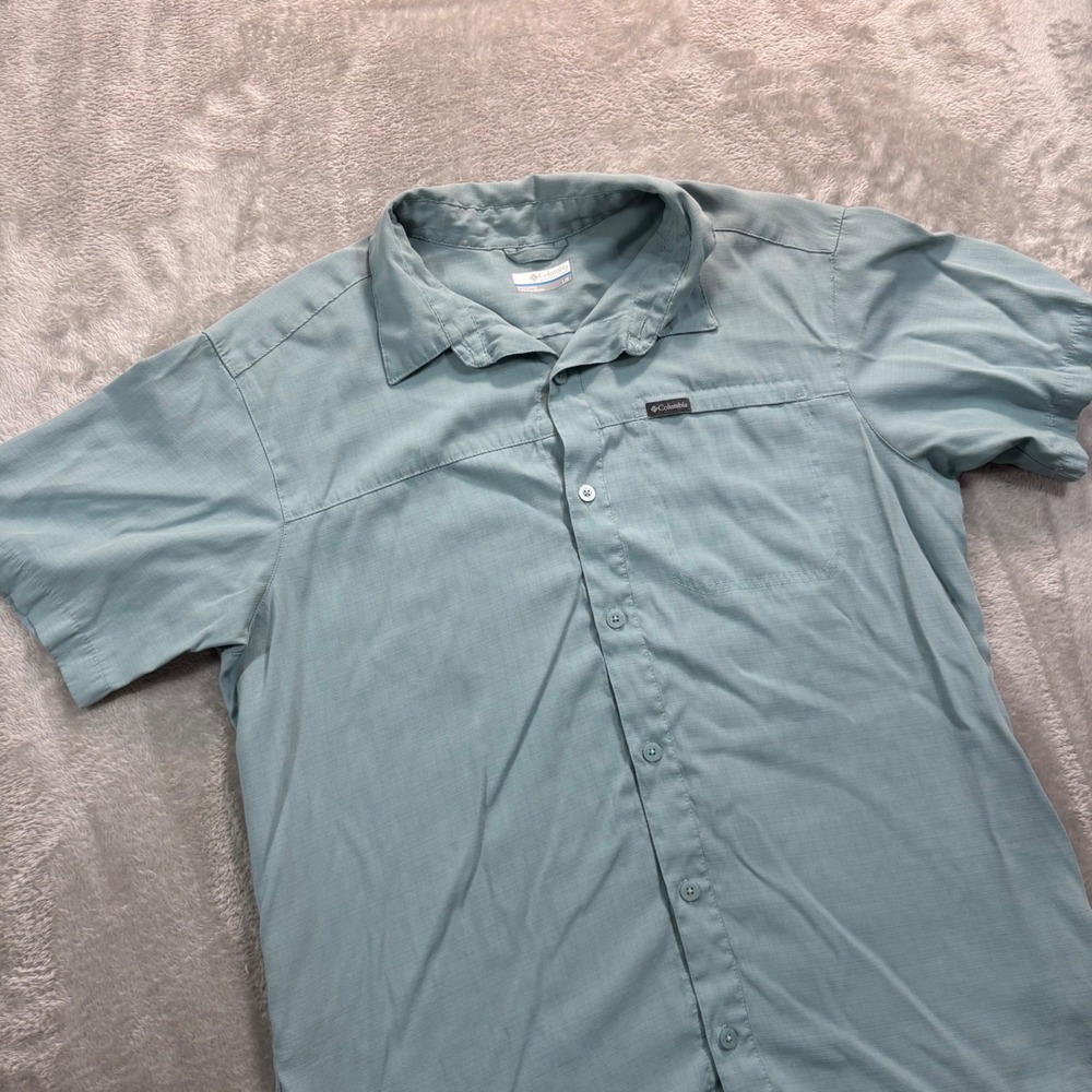 Columbia Button Up Shirt Mens Large Blue Green Short Sleeve Outdoor Casual